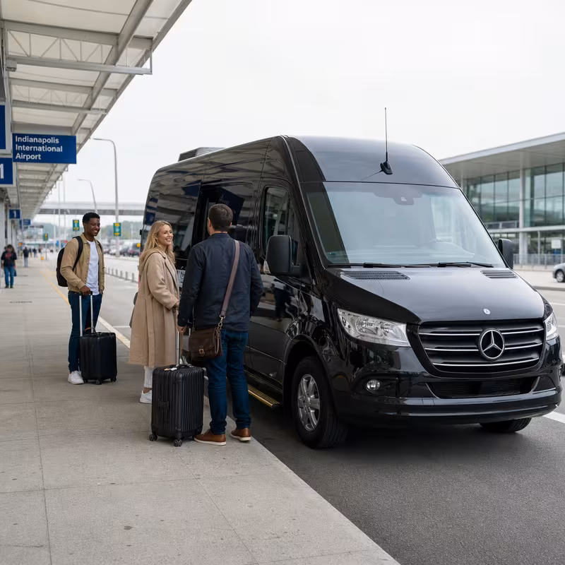 Group boarding a white charter bus for Airport Transportation transportation in Indianapolis
