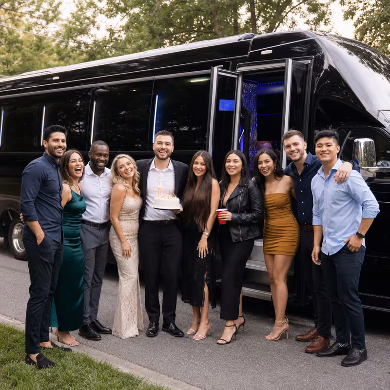 Group boarding a white charter bus for Birthday Transportation transportation in Indianapolis