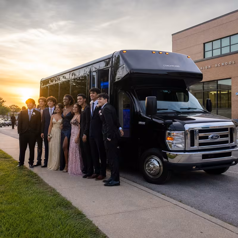 Group boarding a white charter bus for Prom & Homecoming Transportation transportation in Indianapolis