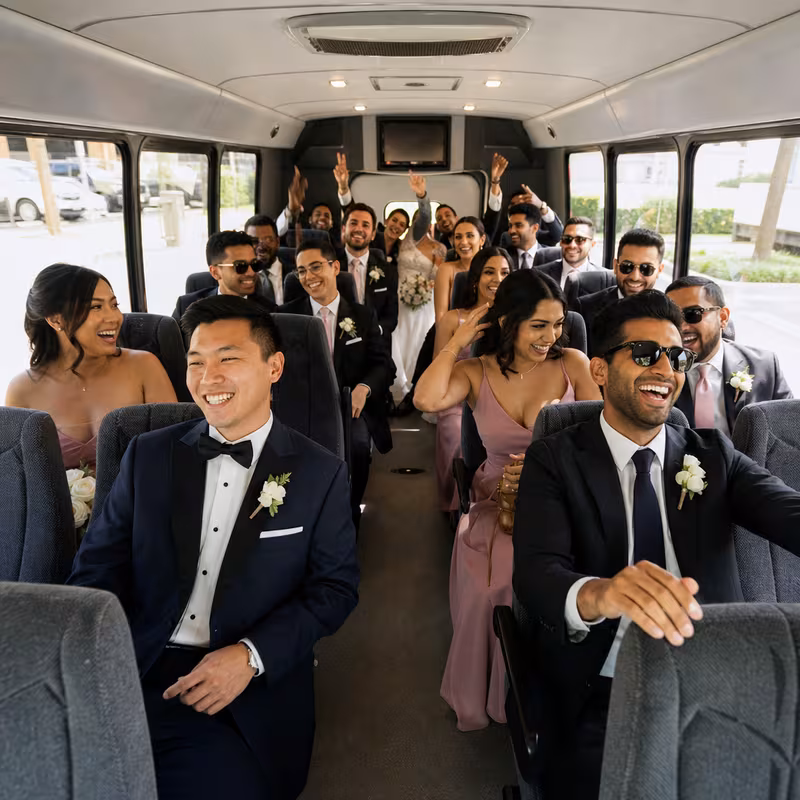 Group boarding a white charter bus for Wedding Transportation transportation in Indianapolis