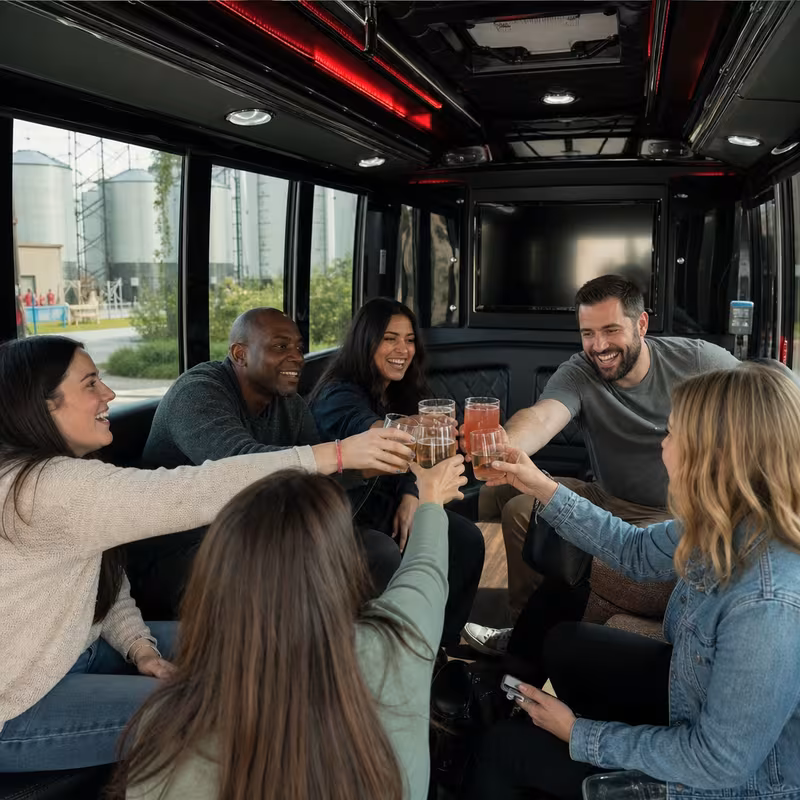 Group boarding a white charter bus for Winery & Brewery Tour Transportation transportation in Indianapolis